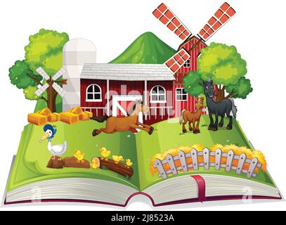Öffnen Sie Buch Bauernhof Thema auf weißem Hintergrund Illustration Stock Vektor