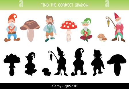 Vektor Märchen Vorlage für Vorschulunterricht. Finden Sie den richtigen Schatten. Kinder Lernspiel. Finde die richtige schwarze Silhouette für Zwerge Stock Vektor