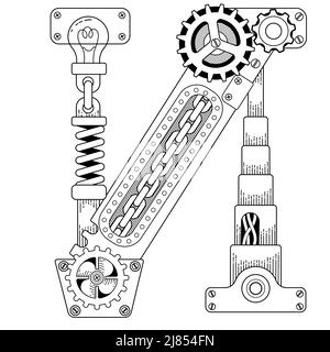 Vektor Bild für Erwachsene. Steampunk Kyrillischer Buchstabe. Mechanisches Alphabet aus Metallzahnrädern und verschiedenen Details auf weißem Hintergrund Stock Vektor