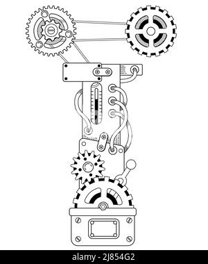 Vektor Bild für Erwachsene. Steampunk Kyrillischer Buchstabe. Mechanisches Alphabet aus Metallzahnrädern und verschiedenen Details auf weißem Hintergrund Stock Vektor