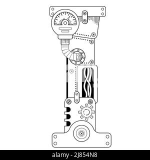 Vektor Bild für Erwachsene. Steampunk Kyrillischer Buchstabe. Mechanisches Alphabet aus Metallzahnrädern und verschiedenen Details auf weißem Hintergrund Stock Vektor