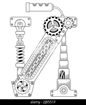 Vektor Bild für Erwachsene. Steampunk Kyrillischer Buchstabe. Mechanisches Alphabet aus Metallzahnrädern und verschiedenen Details auf weißem Hintergrund Stock Vektor