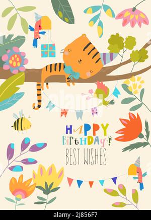 Niedlicher kleiner Tiger feiert Geburtstag im Dschungel Stock Vektor