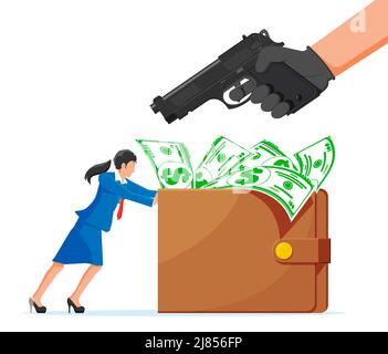 Bandit mit Waffe und Frau mit Brieftasche Stock Vektor