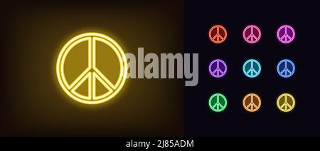 Umreißen Sie das Symbol „Neon Peace“. Leuchtendes Neon-Friedenszeichen, friedliches Welt-Piktogramm. Kein Kriegszeichen, Antikriegsbewegung, Pazifismus, Leben ohne Krieg, Liebe und Ruhe. Stock Vektor