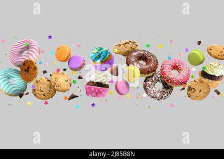 Donuts, Cupcakes, Kekse, Makronen fliegen auf hellem Hintergrund. Stockfoto