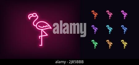 Umreißen Sie das Symbol des Neon-Flamingos. Leuchtendes Neon Flamingo Silhouette auf einem Bein stehend, exotisches Vogel Piktogramm. Tropisches Paradies und Sommer, Schönheit und Fond Stock Vektor