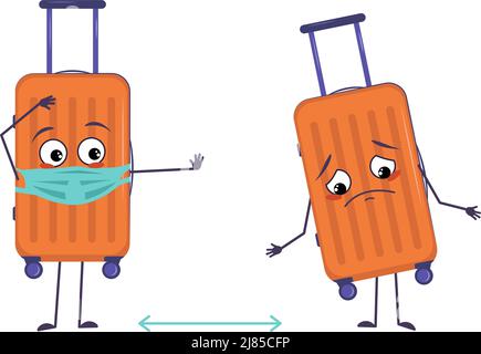 Netter Charakter von Urlaubskoffern mit Emotionen, Gesicht und Maske halten Abstand, Arme und Bein. Das lustige oder glückliche Gepäck mit Augen. Vektorgrafik flach Stock Vektor