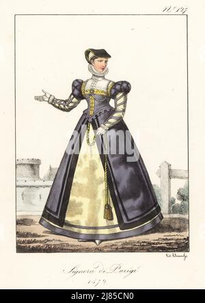 Kostüm einer Dame von Paris, 1572. In Kopfschmuck, Rüschenkragen, Kleid mit Puffschulter, besticktem Oberteil, seidenem Unterrock. Dame de Paris. Handkolorierte Lithographie von Lorenzo Bianchi nach Hippolyte Lecomte aus Costumi civili e militari della monarchia francese dal 1200 al 1820, Neapel, 1825. Italienische Ausgabe von Lecomtes zivilen und militärischen Kostümen der französischen Monarchie von 1200 bis 1820. Stockfoto