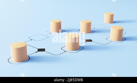 Business Process Management und Automatisierungskonzept mit Holzstücken auf Flussdiagramm. Workflow-Implementierung zur Steigerung der Produktivität und Effizienz Stockfoto