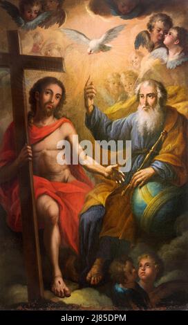 VALENCIA, SPANIEN - 17. FEBRUAR 2022: Das Gemälde der Heiligen Dreifaltigkeit in der Kirche Iglesia de Nuestra Señora de Monteolivete von einem unbekannten Künstler. Stockfoto