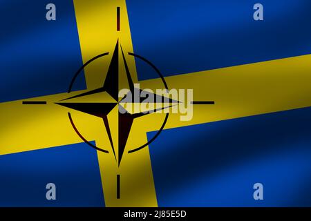 Schweden tritt dem NATO-Konzept bei. Schwedische Flagge mit Emblem der NATO (North Atlantic Treaty Organization). Stockfoto