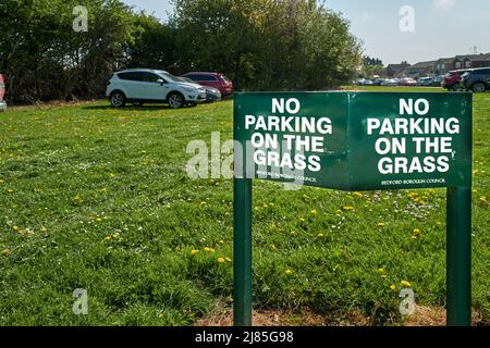 Die Autos parkten trotz des Schildes „kein Parken auf dem Gras“, Bedford, England. Stockfoto