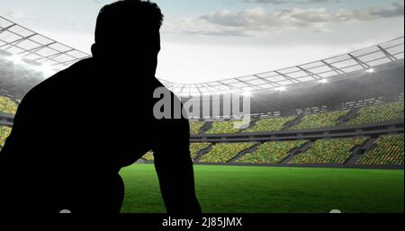 Bild von Sternen und lässt Text über Rugby-Spieler mit Ball im Stadion spielen Stockfoto