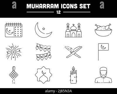 Black Thin Line Art Muharram Icon Oder Symbolsatz. Stock Vektor