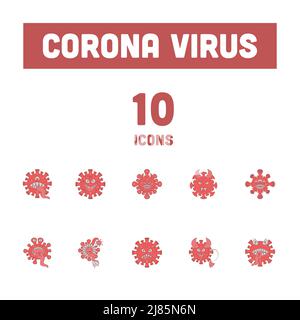 Monster Virus Emoji 10 Symbol In Roter Farbe Gesetzt. Stock Vektor