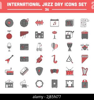 36 International Jazz Day Flat Icon Set In Grau Und Rot. Stock Vektor