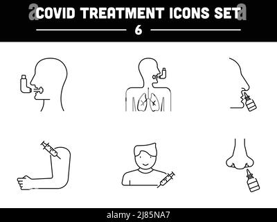 Covid-Behandlung Durch Impfung Mit Nasal- Und Rachenmedizin Black Outline Icon Set. Stock Vektor