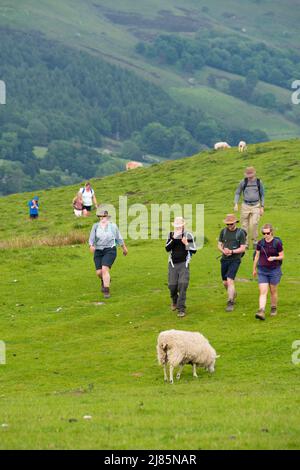 Derbyshire, Großbritannien – 5. April 2018: Familien genießen einen Spaziergang inmitten der steilen Hügel des Peak District National Park in der Nähe von Winnatts Pass Stockfoto