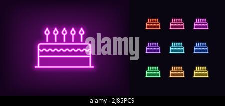 Umreißen Sie das Symbol für den Neonkuchen. Glühender Neonkuchen mit brennenden Kerzen, Geburtstag und Dessert-Piktogramm. Konditorei und Konditorei, Geburtstagsfeier, lecker Stock Vektor
