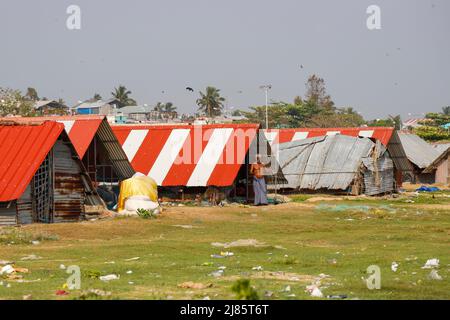 Alter Fischer, der in der Nähe seiner Hütte steht und Stricke zieht, um sein Fischernetz zu überprüfen, Tangassery, Kerala, Indien. Stockfoto