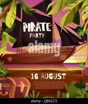 Poster zur Piratenparty-Einladung. Segelndes Piratenschiff mit schwarzen Fahnen im Meer. Stock Vektor