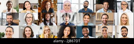 Viele multiethnische Menschen betrachten die Kamera, Collage verschiedener Kollegen, horizontales Banner, multirassisches Team-Mosaik, überfüllter Bildschirm mit internationalen Mitarbeitern, Bildschirm für Videoanruf, Kopfzeile Stockfoto