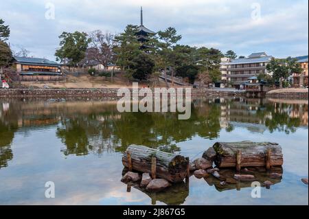 Nara, Japan - 5. Januar 2020. Außenaufnahme des Sonnenuntergangs vom Sarusawa Pond Park in Nara. Nara ist eine historische Stadt in Japan, berühmt für ihre vielen Tempel und Schreine. Viele Menschen besuchen die ersten Tage des neuen Jahres. Stockfoto