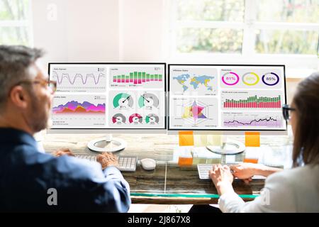 Data Analyst mit dem KPI-Dashboard von Data Analytics Stockfoto
