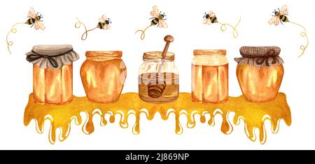 Wasserfarbenes Honigbanner mit Honigtöpfen, Glas und Biene. Handgezeichnete organische Illustration Stockfoto