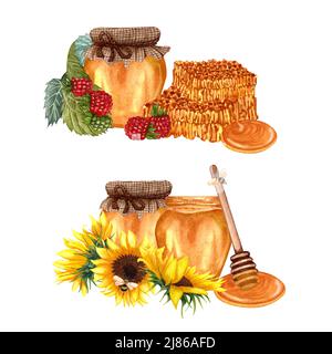 Aquarell Set aus verschiedenen Honig. Honigglas mit Sonnenblume, Akazie, Linde, Himbeere. Handgezeichnete Illustration von natürlichen Bio-Lebensmitteln. Stockfoto