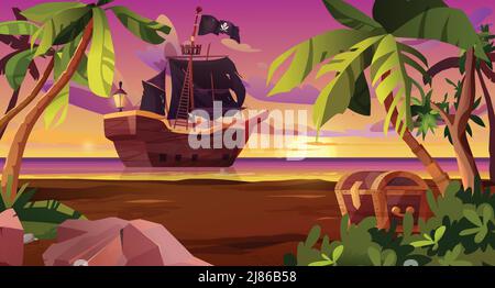 Segelndes Piratenschiff mit schwarzen Fahnen im Meer und Truhe am Ufer. Segelboot aus Holz auf dem Wasser. Sonnenuntergang oder Sonnenaufgang, Morgendämmerung auf dem Meer mit Wolken in der sk Stock Vektor