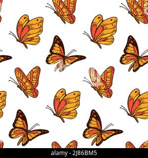 Farbenfrohes Schmetterlingsmuster im Nahtlosmuster. Sommerliches Design. Handgezeichnete Vektorgrafik Stock Vektor