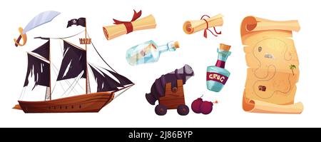 Piraten setzen Symbole im Cartoon-Stil. Flagge mit weißem Schädel und kreuzenden Knochen. Winkende schwarze Flagge. Schatzkarte, Flasche, pape aus uraltem Pergament von Piraten Stock Vektor