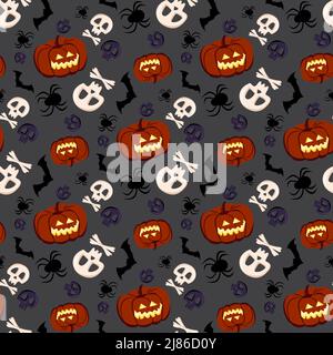 Niedliches, dunkelnahtloses Muster mit Kürbissen, Spinnweben und Spinnen. Halloween Party Dekoration. Gemüsedruck mit einem Grinsen. Festlicher Hintergrund für Papier, Textil, Urlaub und Design. Vektorgrafik. Stock Vektor