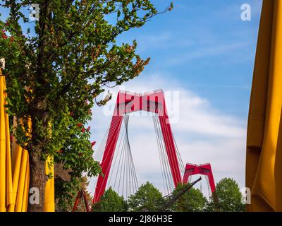 Rotterdam, Niederlande - 28. April 2022: Blick auf die Willemsbrug, eine rote Seilbrücke mit einer Spannweite von etwa 318 Metern. Stockfoto