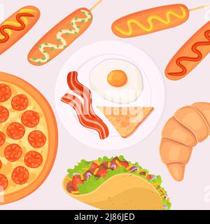 Kochen Sammlung Hintergrund Fast Food. Croissant, Pizza, Taco, Speck mit Ei, Maishund Stock Vektor