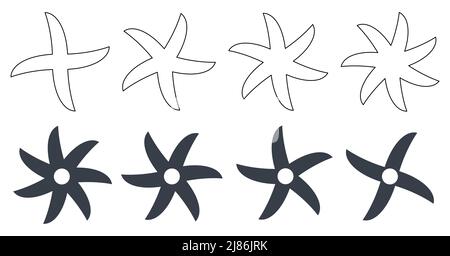 Einfache Ninja-Sterne oder scharfes Mischen rotierenden Klingen, gefüllt und umreißen Version mit fünf bis sieben Punkten Stock Vektor