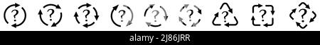 Fragezeichensymbol im Zyklus mit Pfeilen, Version mit zwei drei und vier Pfeilen. Unbekanntes Change- oder Loop-Konzept Stock Vektor