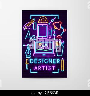 Designer Künstler Neon Poster. Vektor-Illustration des Konzepts der leuchtenden Kunst. Stock Vektor