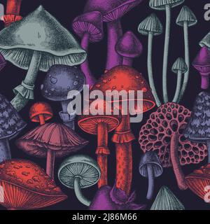 Wald Pilze nahtlose Muster Hintergrund-Design. Gravierte Ausführung. Von Hand gezogene Pilze. Stock Vektor