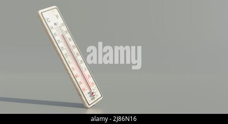 Hohe Temperatur, heißes Wetter, Hitzegefahr. Thermometer mit einer 100-Grad-Fahrenheit-Skala auf grauem Hintergrund, Platz kopieren. 3D Rendern Stockfoto