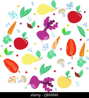 Gemüse und Obst in einem flachen Stil im Kreis. Vorlage für Gesundheitszeitschriften, Food-Websites und Restaurant-Newsletter. Ernährung und Bio Stock Vektor