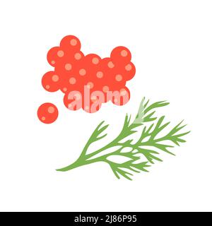 Kaviar und Dill aus rotem Lachs oder Forelle. Fischspezialitäten. Leckeres und gesundes Essen. Protein-Meeresprodukt. Flache Vektorgrafik Stock Vektor