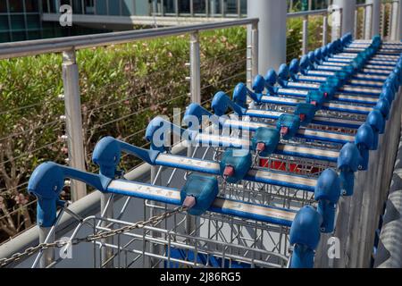 Die Gepäckwagen am Flughafen stehen in einer Reihe in der Nähe Stockfoto