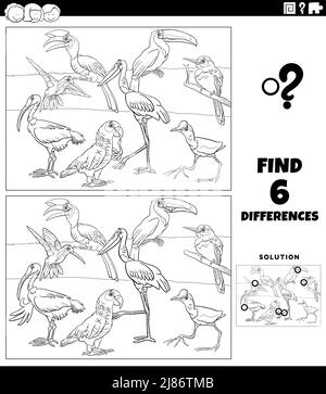Schwarz-Weiß-Cartoon-Illustration der Suche nach den Unterschieden zwischen Bildern pädagogische Spiel für Kinder mit Vögeln Tierfiguren Gruppe Colo Stock Vektor