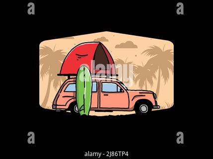 Illustration Design des Autos mit einem Dachzelt und einem Surfbrett auf der Seite Stock Vektor