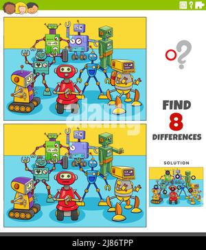 Cartoon Illustration der Suche nach den Unterschieden zwischen Bildern pädagogische Spiel für Kinder mit Robotern Charaktere Gruppe Stock Vektor