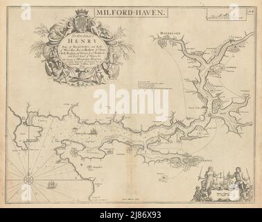 Seekarte von Milford Haven. Haverfordwest Pembrokeshire. COLLINS 1723 alte Karte Stockfoto