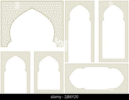 Ein Satz von sechs Designelementen. . Ornament im arabischen geometrischen Stil. Arc, zwei Frames im Verhältnis A4, zwei Frames im Verhältnis 2 x1 und Bonus-Element Stock Vektor